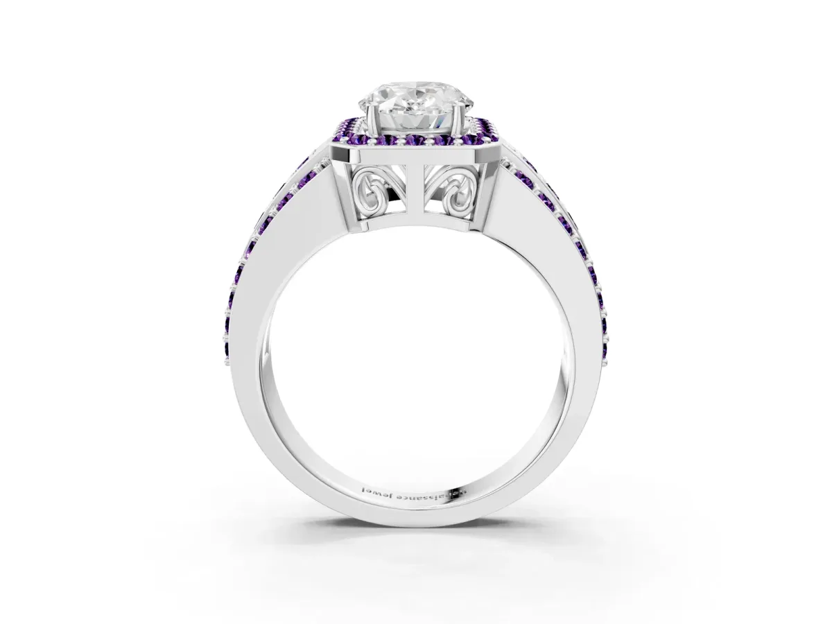 Oval Cut Halo Diamond Ring with Round Amethyst Split Shank and Prong Setting White gold