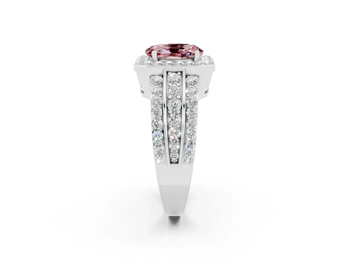 Oval Cut Halo Morganite Ring with Round Split Shank and Prong Setting Silver