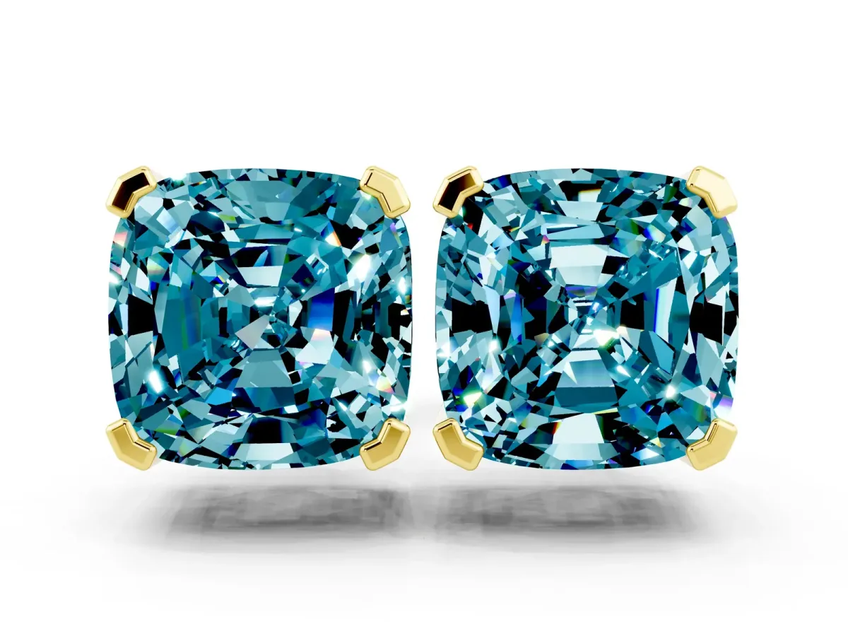 Cushion Cut Blue Topaz Stud Earrings Yellow gold