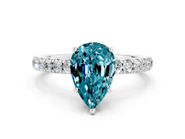 Pear Cut Blue Topaz Pave Band Solitaire Ring with Round and Prong Setting White gold