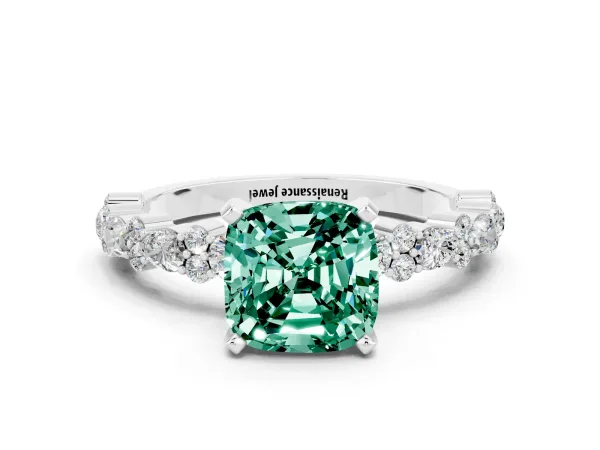 Cushion Cut Green Sapphire Side Stone Solitaire Ring with Round and Four-Prong Setting Platinum