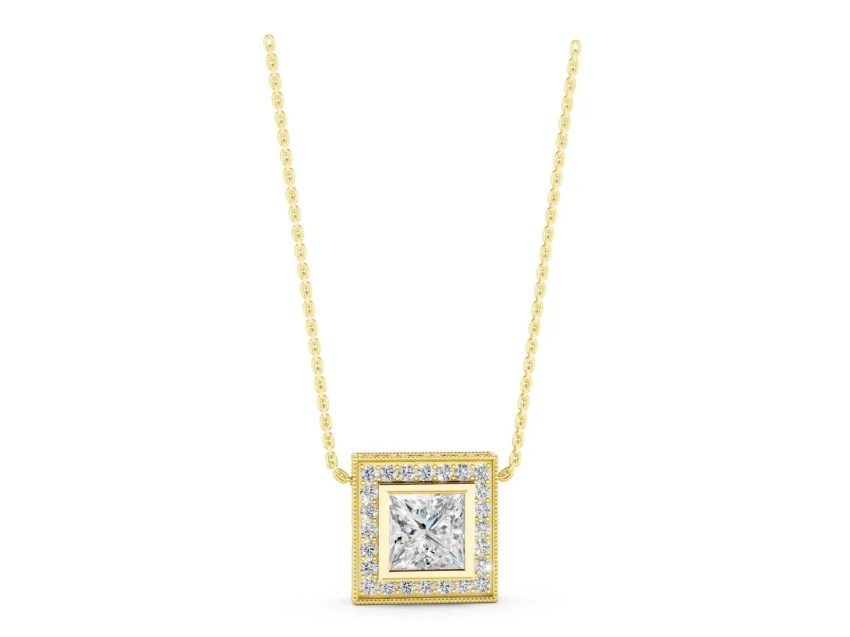 Princess Cut Halo Bezel Pendant Yellow gold