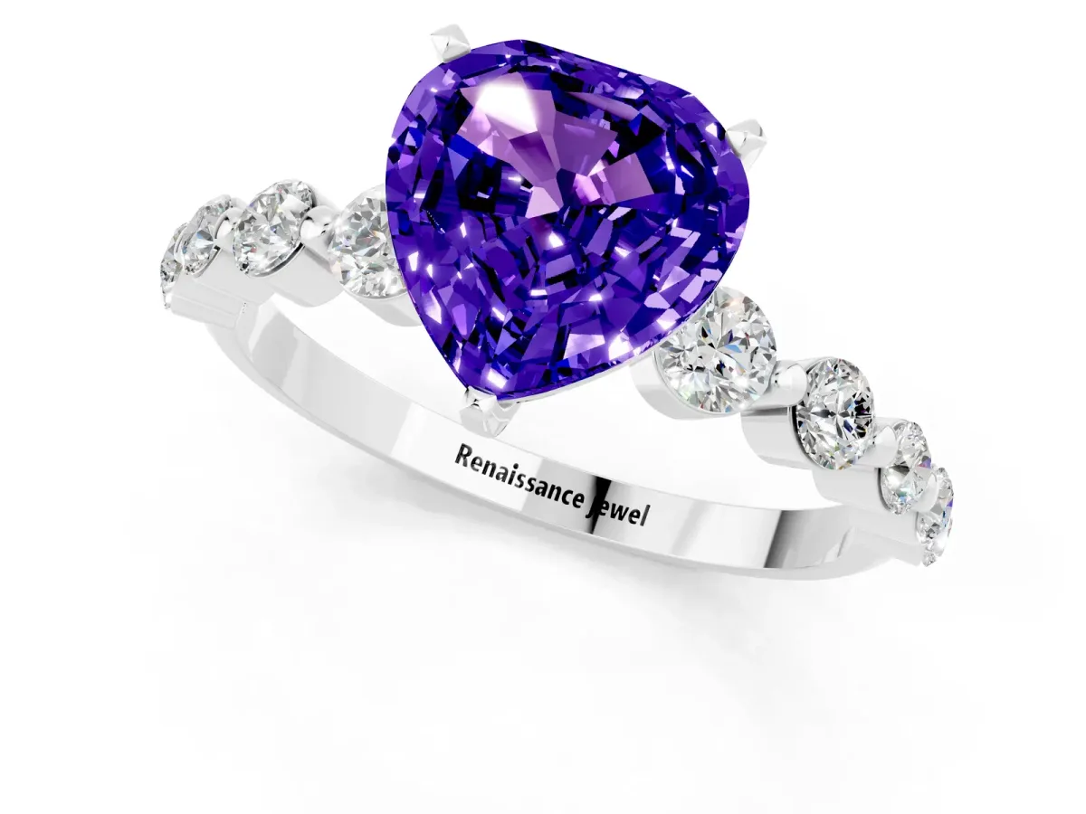 Heart Cut Solitaire Tanzanite Ring with Pave Band and Four-Prong Setting Silver