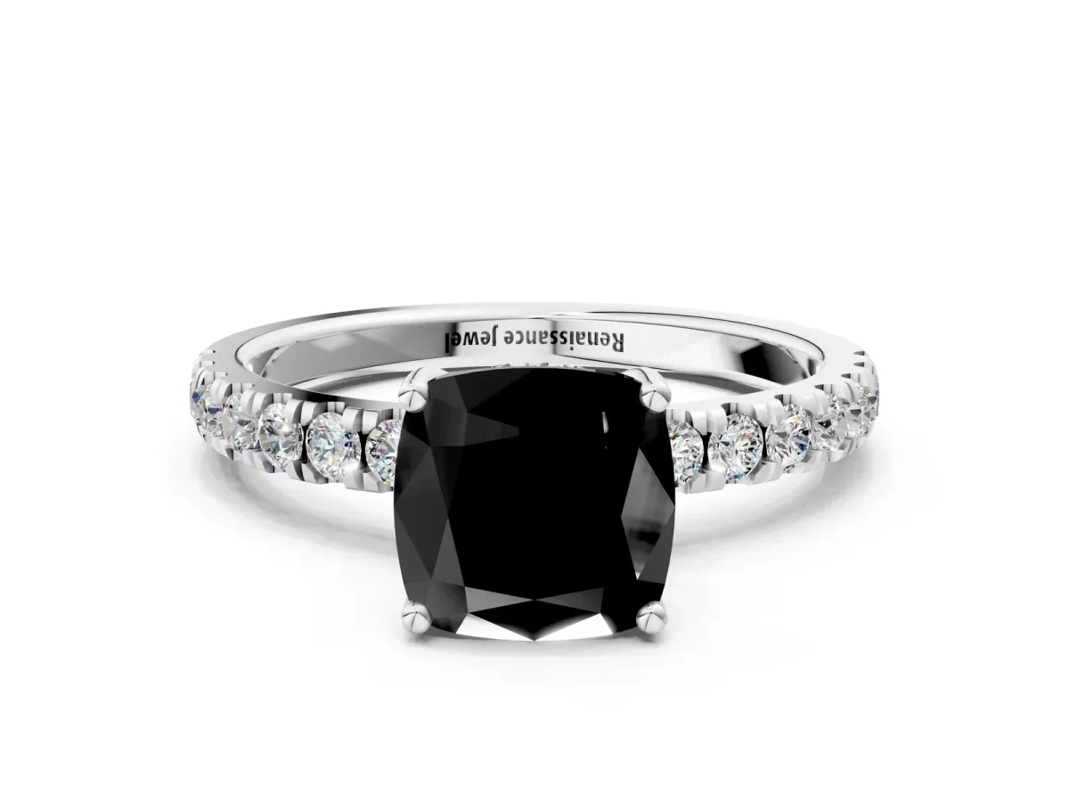 Fancy Black Cushion Cut Diamond Pave Band Solitaire Ring with Round and Prong Setting Silver