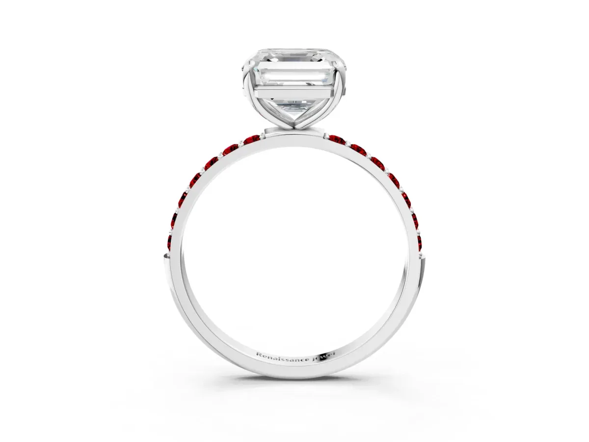 Asscher Cut Diamond Solitaire Ring with Round Ruby Pavé Band and Prong Setting Silver