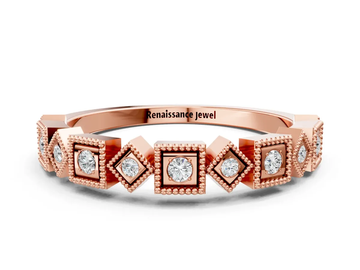 Milgrain Square Diamond Eternity Band with Bezel Setting Rose gold