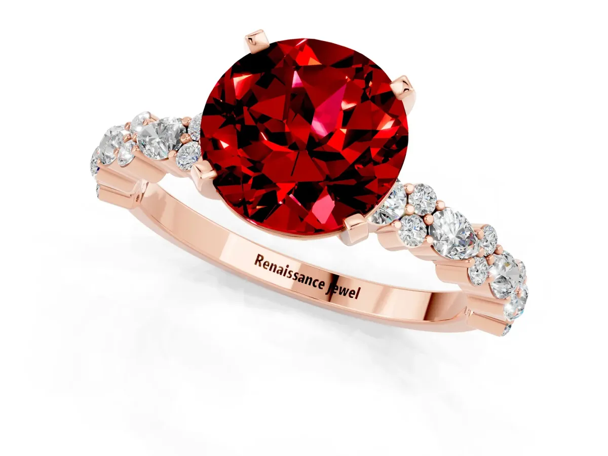 Round Cut Ruby Side Stone Solitaire Ring with Round and Four-Prong Setting Rose gold
