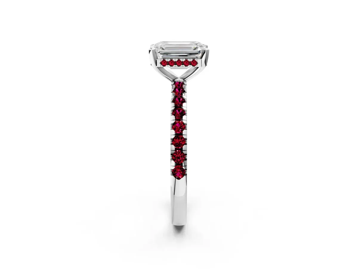 Emerald Cut Diamond Solitaire Ring with Round Garnet Pavé Band and Four-Prong Setting Silver