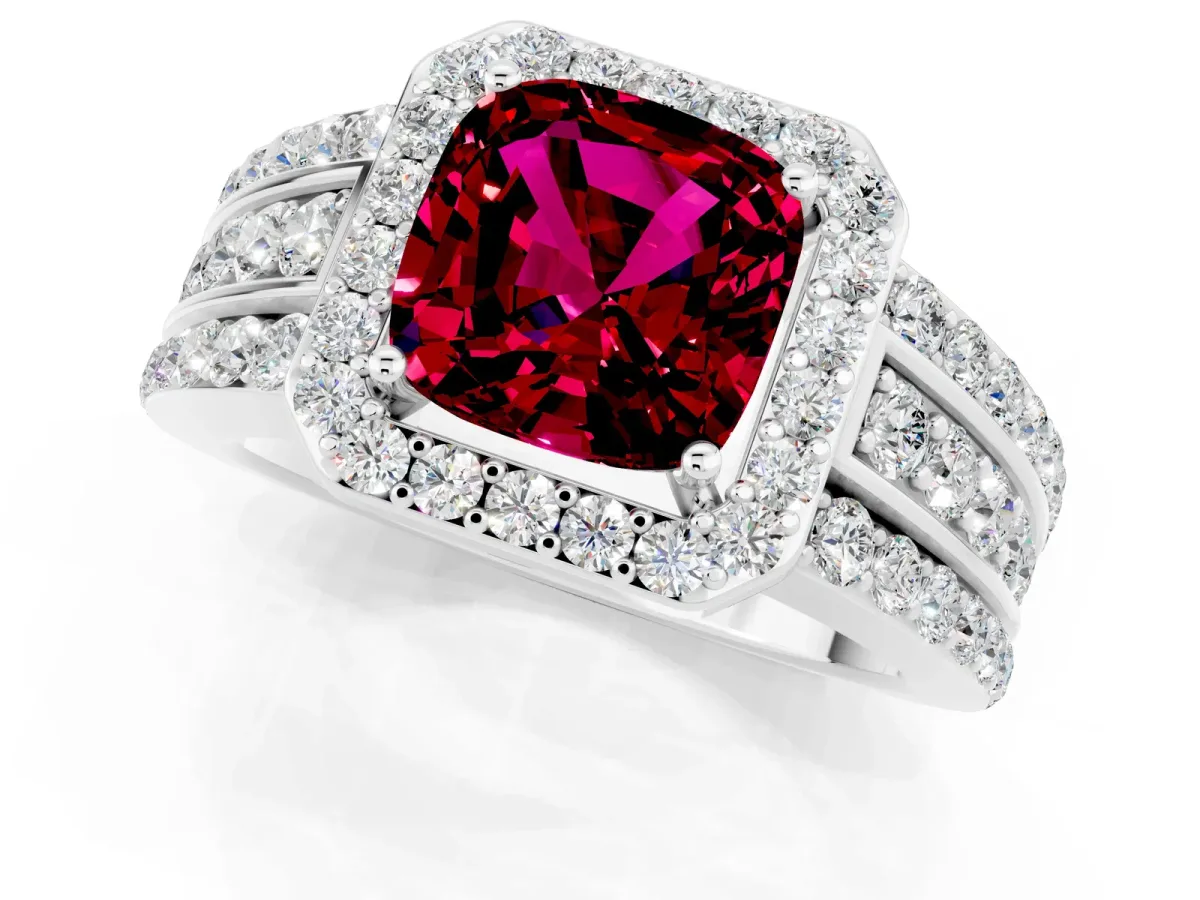 Cushion Cut Halo Garnet Ring with Round Split Shank and Prong Setting Platinum
