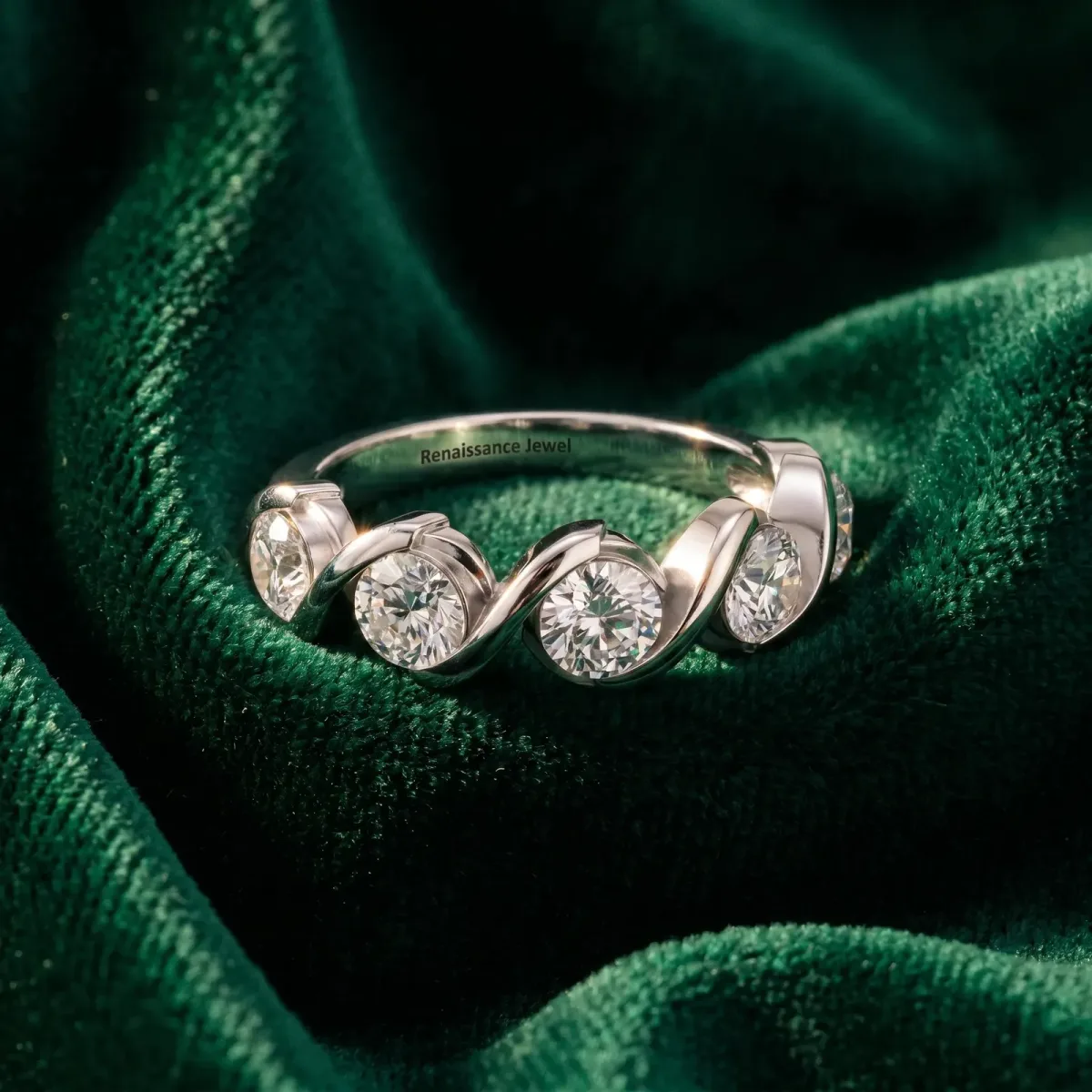 Round Diamond Wave Band with Channel Setting and Shared Prongs Silver