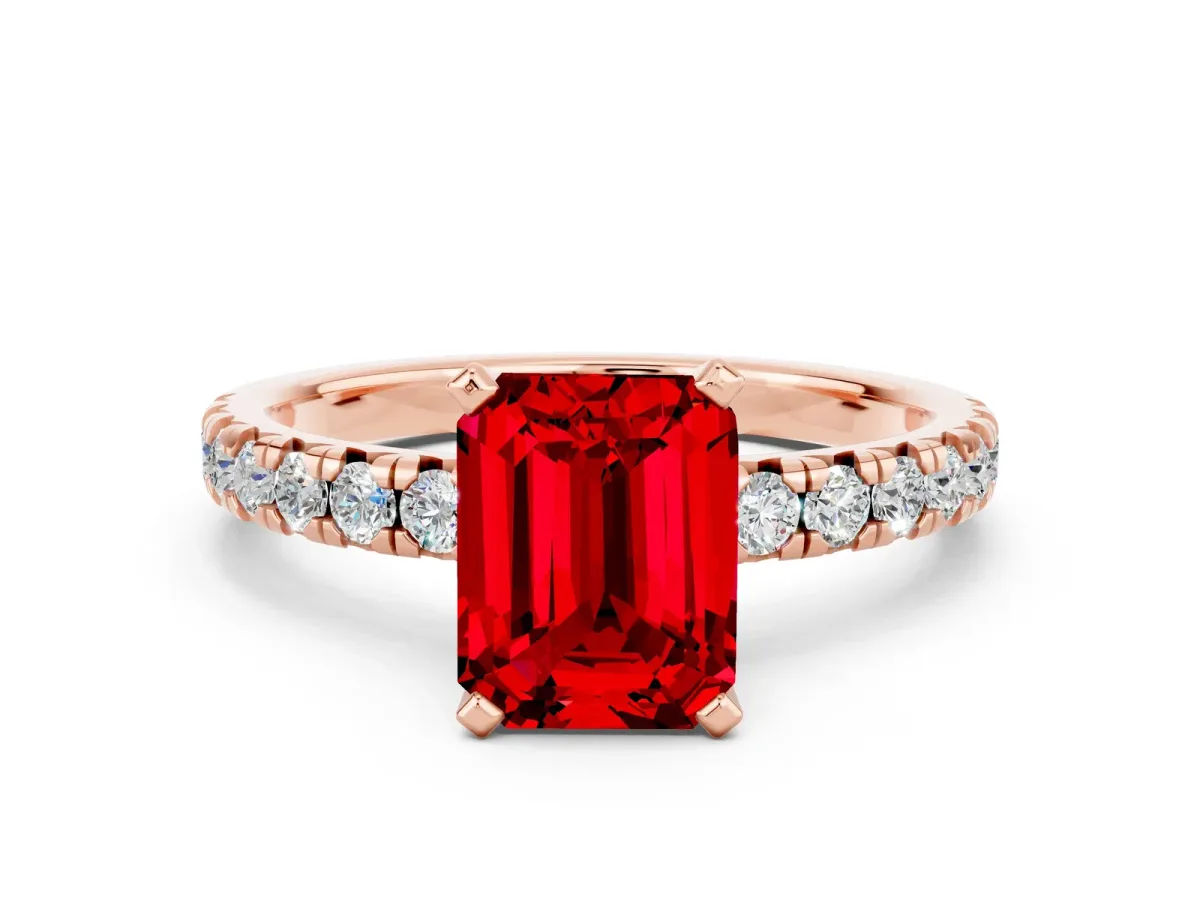 Emerald Cut Ruby Solitaire Pavé Engagement Ring with Round Band and Prong Setting Rose gold