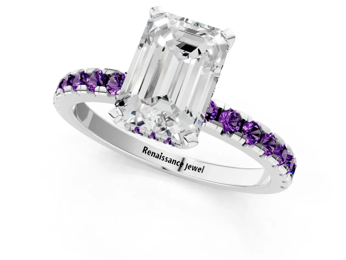 Emerald Cut Diamond Solitaire Ring with Round Amethyst Pavé Band and Four-Prong Setting Silver