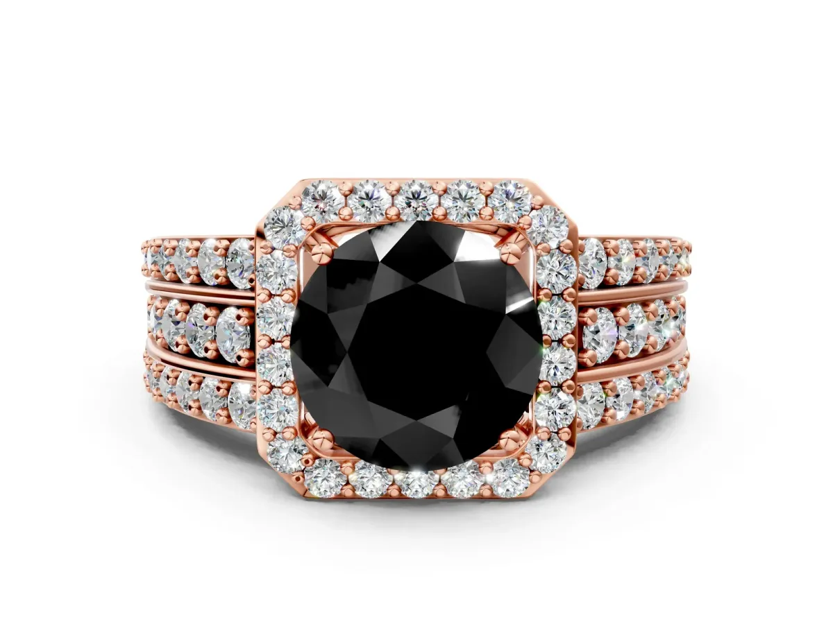 Fancy Black Round Cut Halo Diamond Ring with Round Split Shank and Prong Setting Rose gold