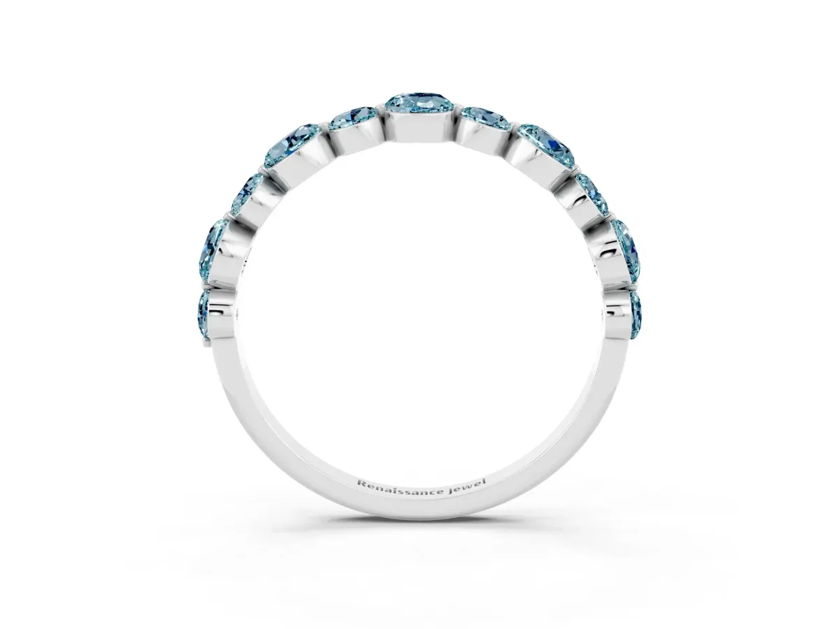 Round Aquamarine Scalloped Prong Set Eternity Band Silver