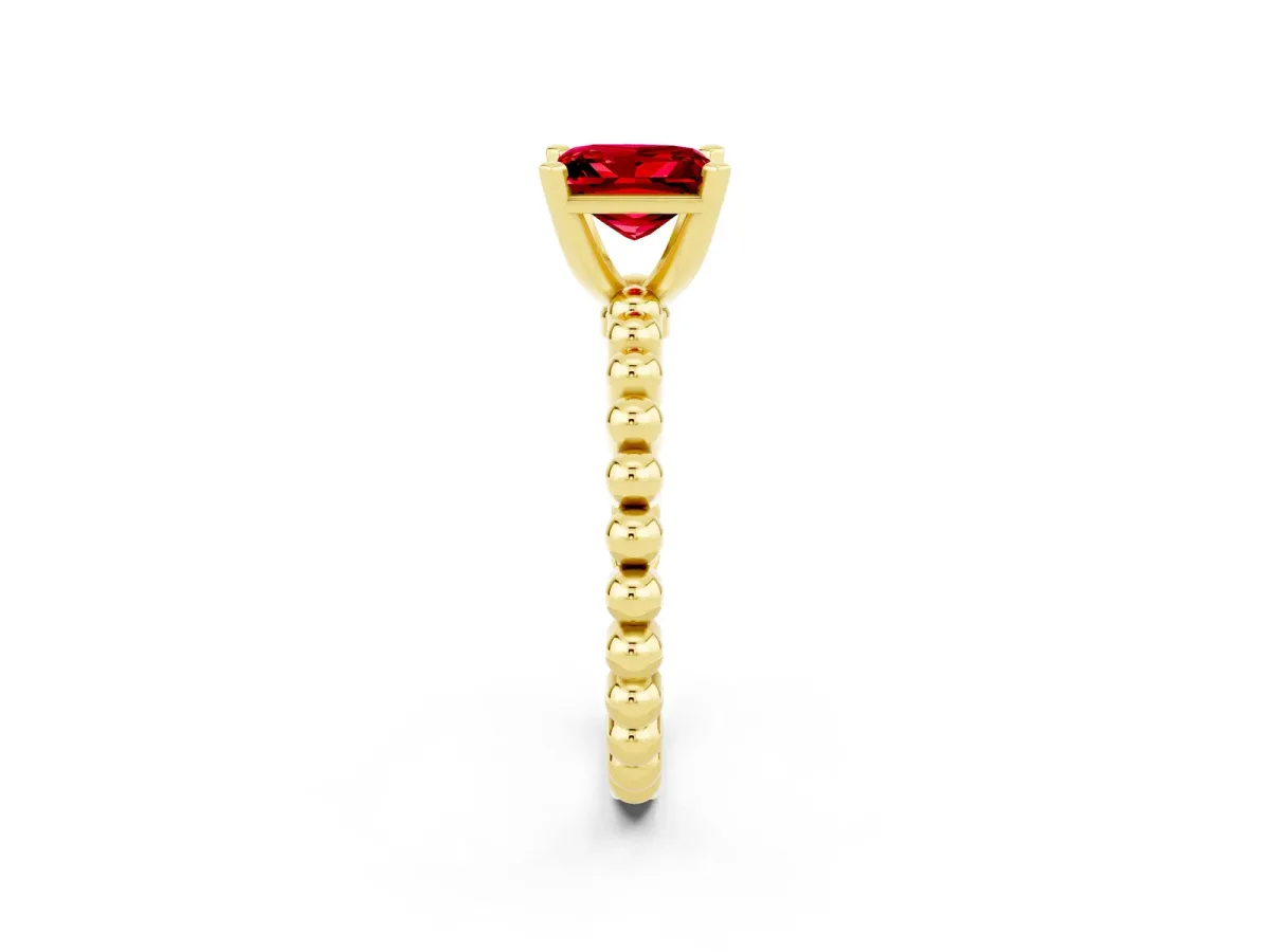 Princess Cut Ruby Solitaire Ring with Beaded Band and Prong Setting Yellow gold