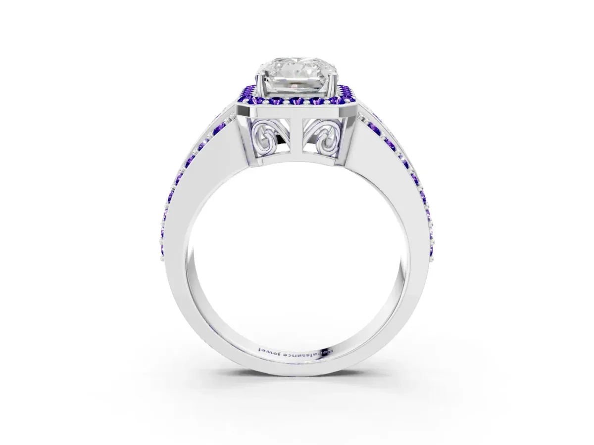 Radiant Cut Halo Diamond Ring with Round Tanzanite Split Shank and Prong Setting Silver