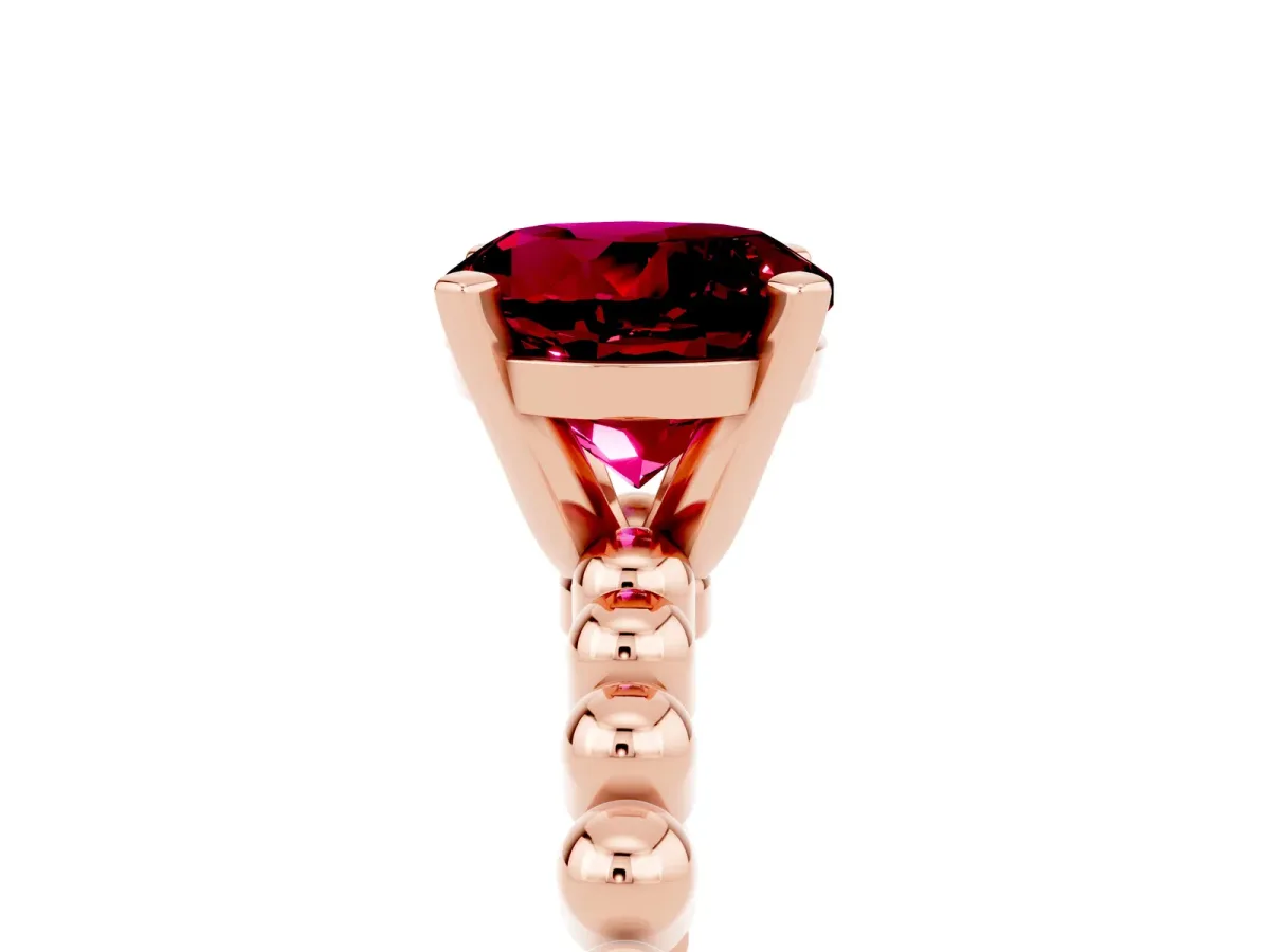 Round Cut Garnet Solitaire Ring with Beaded Band and Prong Setting Rose gold