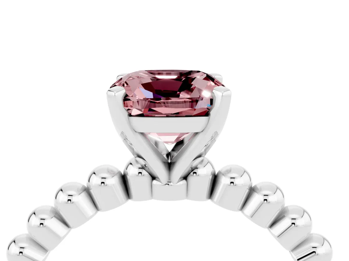 Cushion Cut Morganite Solitaire Ring with Beaded Band and Prong Setting Silver