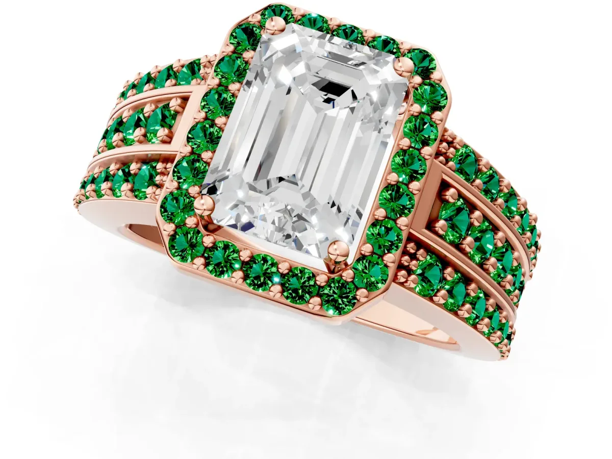 Emerald Cut Halo Diamond Ring with Round Emerald Split Shank and Prong Setting Rose gold