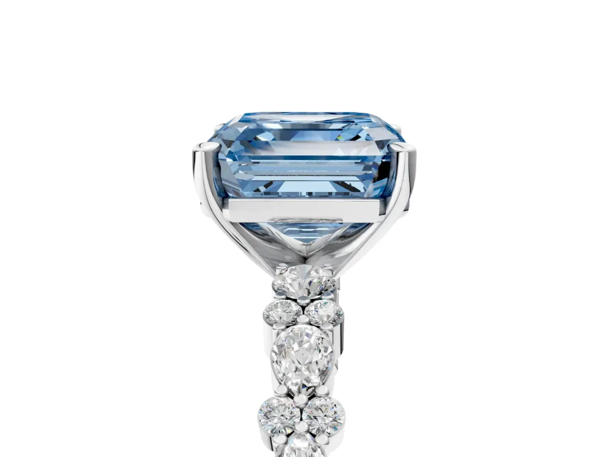 Fancy Blue Asscher Cut Diamond Side Stone Solitaire Ring with Round and Four-Prong Setting White gold