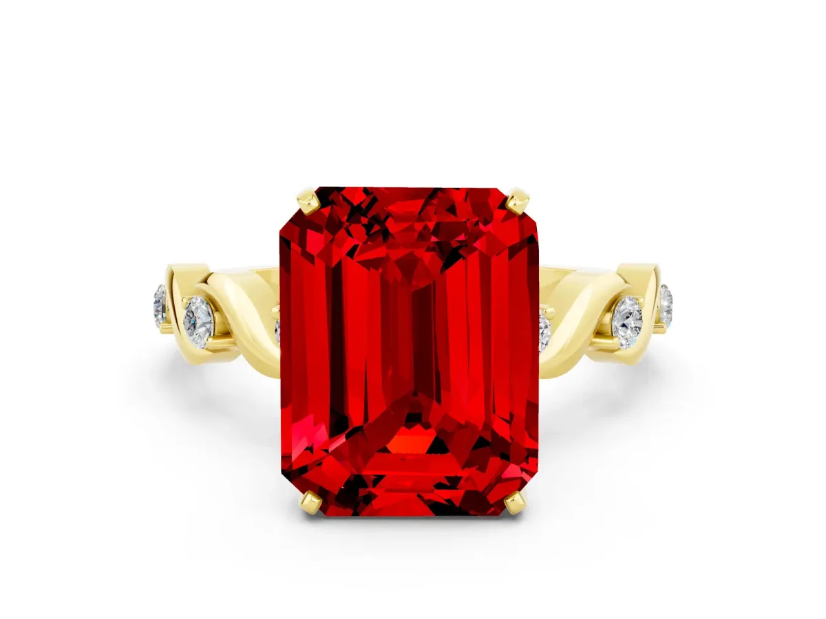 Emerald Cut Ruby Solitaire Twisted Band with Round Accents and Prong Setting Yellow gold