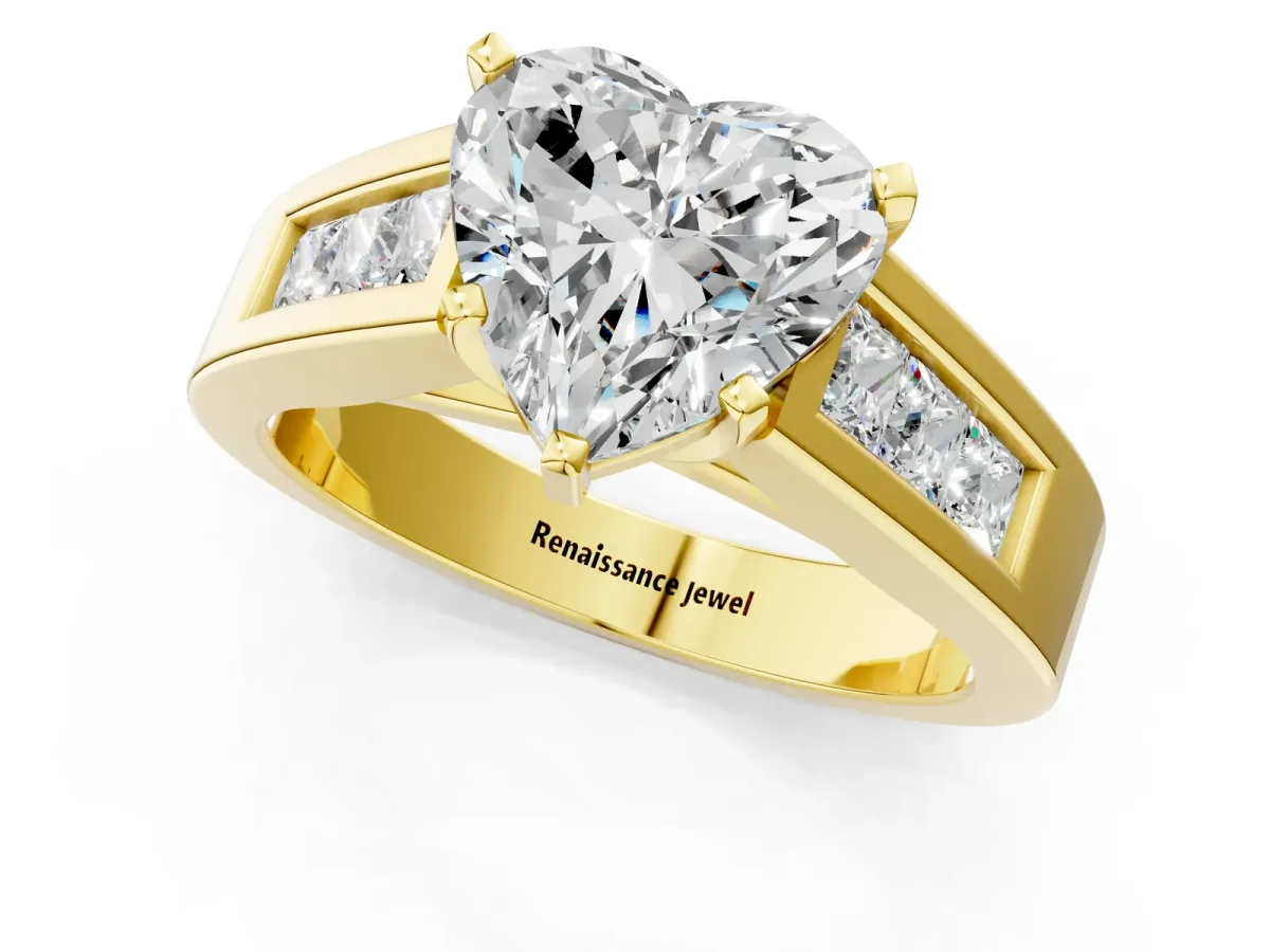 Heart Cut Cut Channel Set Solitaire Ring with Four-Prong Setting Yellow gold