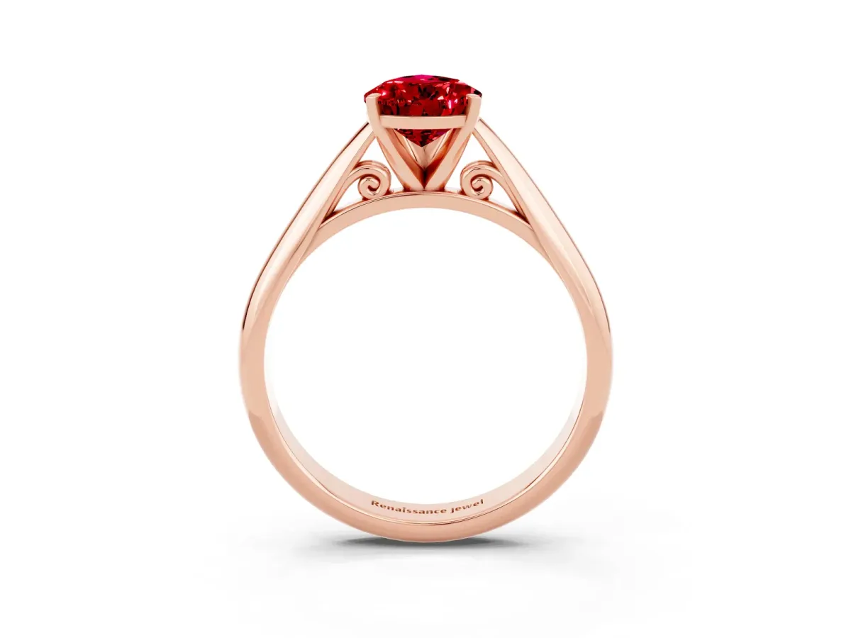 Pear Cut Ruby Solitaire Engagement Ring with Cathedral Setting and Four-Prong Mount Rose gold