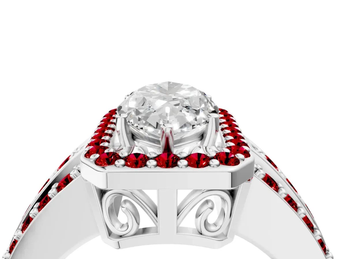 Marquise Cut Halo Diamond Ring with Round Ruby Split Shank and Prong Setting Silver