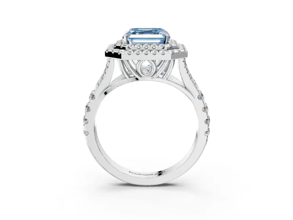 Fancy Blue Asscher Cut Diamond Double Halo Ring with Split Shank and Prong Setting Silver
