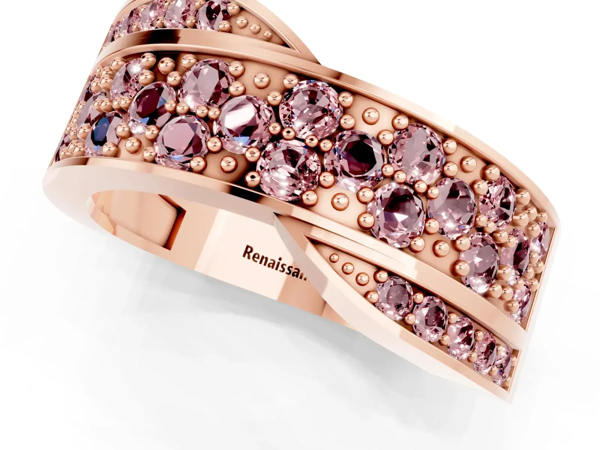 Pavé Round Morganite Crossover Band with Bead Prong Setting Rose gold