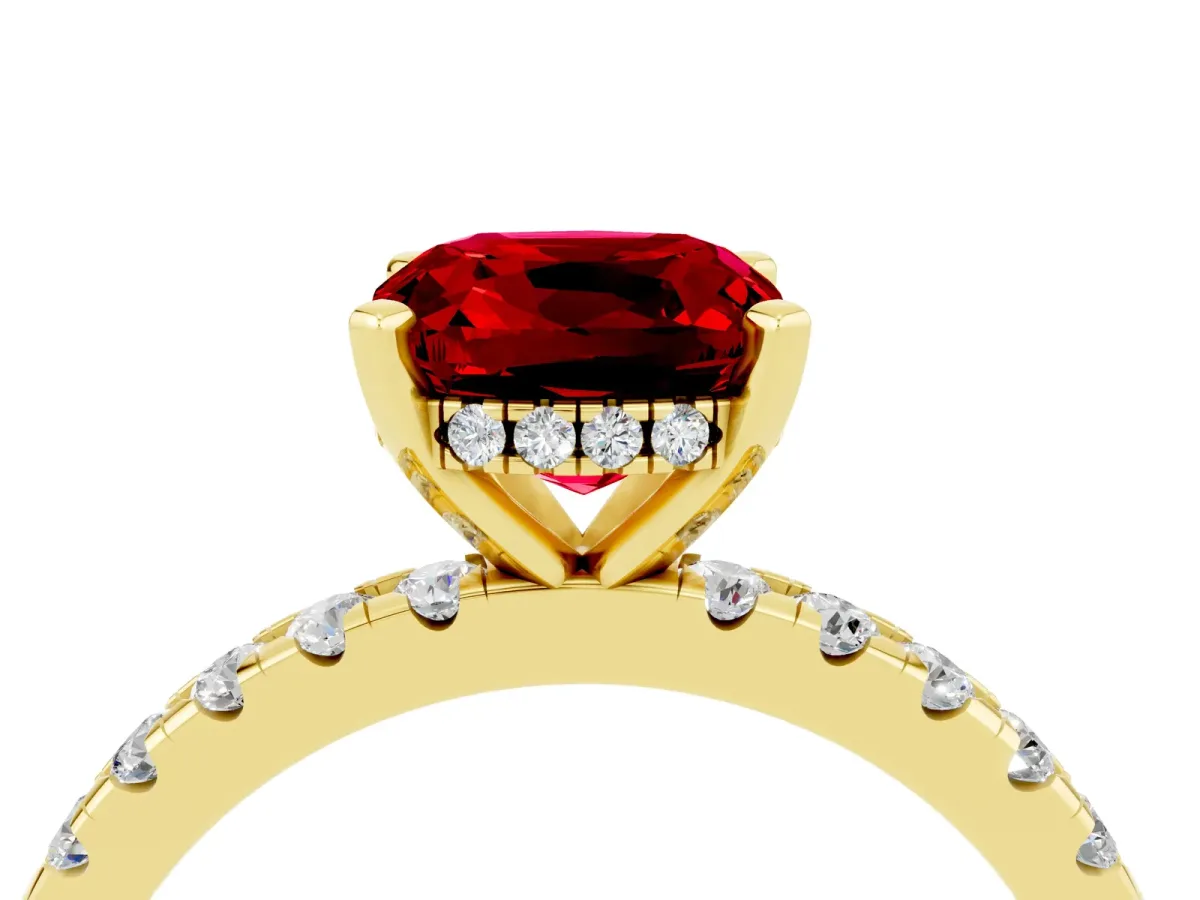 Cushion Cut Ruby Solitaire Ring with Round Pavé Band and Four-Prong Setting Yellow gold
