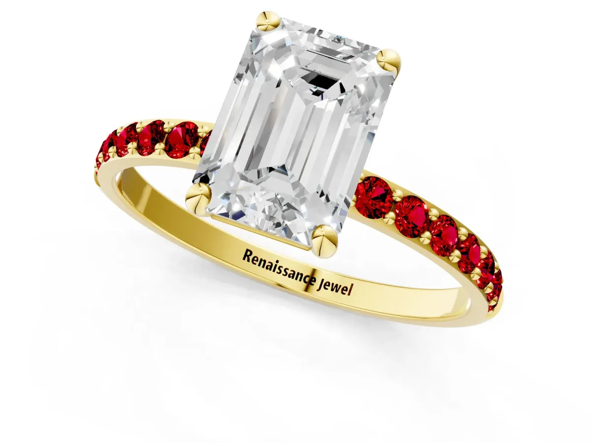 Emerald Cut Diamond Solitaire Ring with Round Ruby Pavé Band and Prong Setting Yellow gold