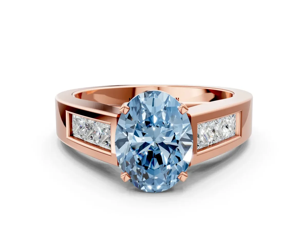 Fancy Blue Oval Cut Cut Channel Set Solitaire Ring with Four-Prong Setting Rose gold