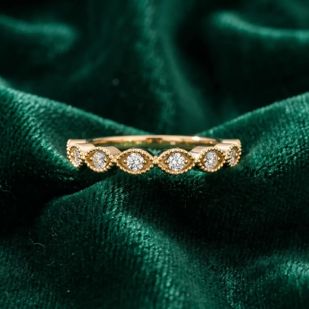 Milgrain Marquise Diamond Half Eternity Band with Bezel Setting Yellow gold