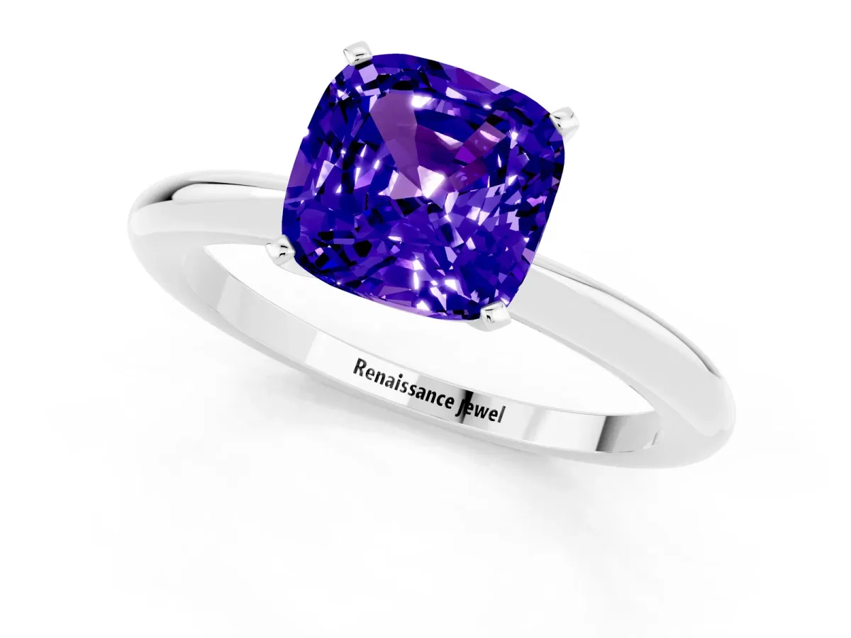 Cushion Cut Tanzanite Solitaire Ring with Six-Prong Setting and Classic Band Silver