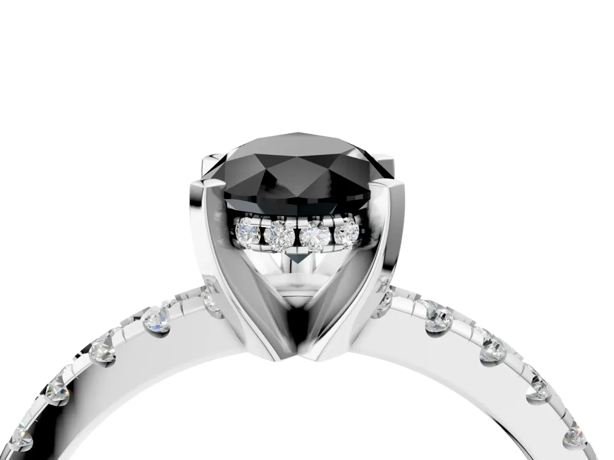 Fancy Black Pear Cut Diamond Solitaire Ring with Round Pavé Band and Four-Prong Setting Silver