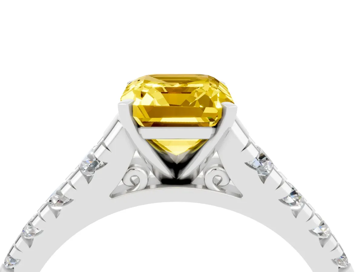 Emerald Cut Yellow Sapphire Cathedral Solitaire Ring with Round Pavé Band Silver