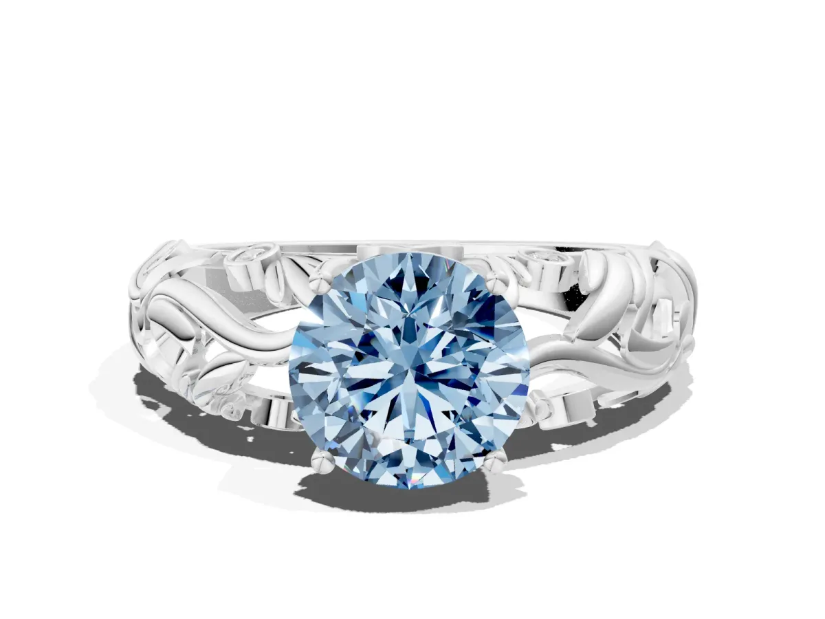 Fancy Blue Round Cut Solitaire Diamond Leaf-Inspired Vine Band Ring with Prong Setting Silver