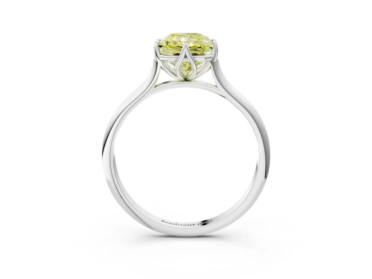 Fancy Yellow Radiant Cut Solitaire Cathedral Diamond Ring with Six-Prong Setting Platinum