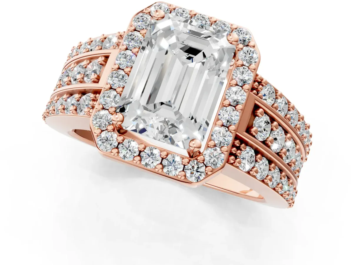 Emerald Cut Halo Diamond Ring with Round Split Shank and Prong Setting Rose gold