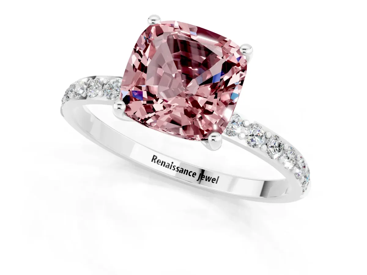 Cushion Cut Morganite Solitaire Ring with Round Pavé Band and Prong Setting Silver