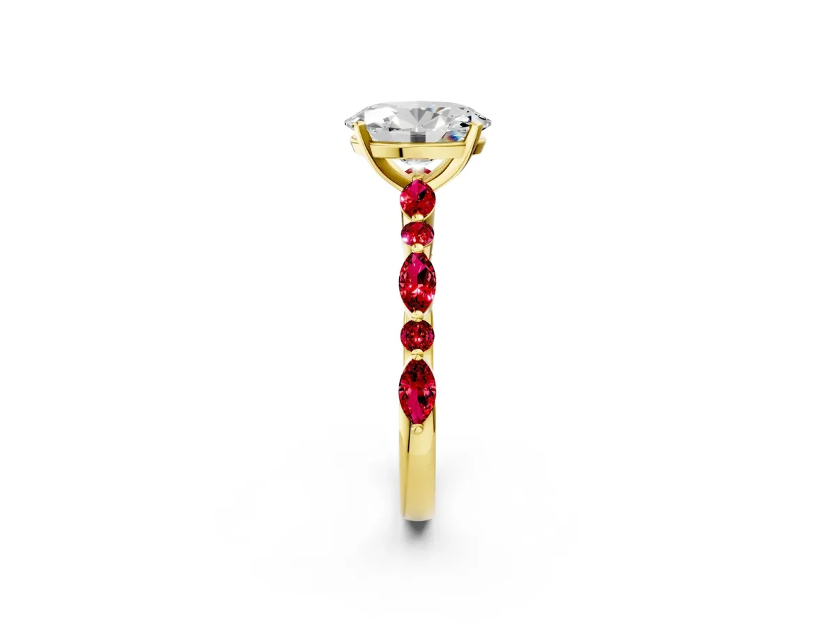 Oval Cut Diamond Ring with Marquise and Round Ruby Side Stones and Four-Prong Setting Yellow gold