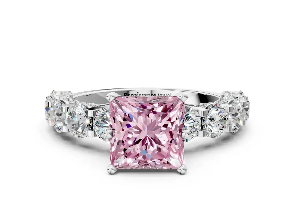 Fancy Pink Princess Cut Diamond Side Stone Engagement Ring with Four-Prong Setting Platinum