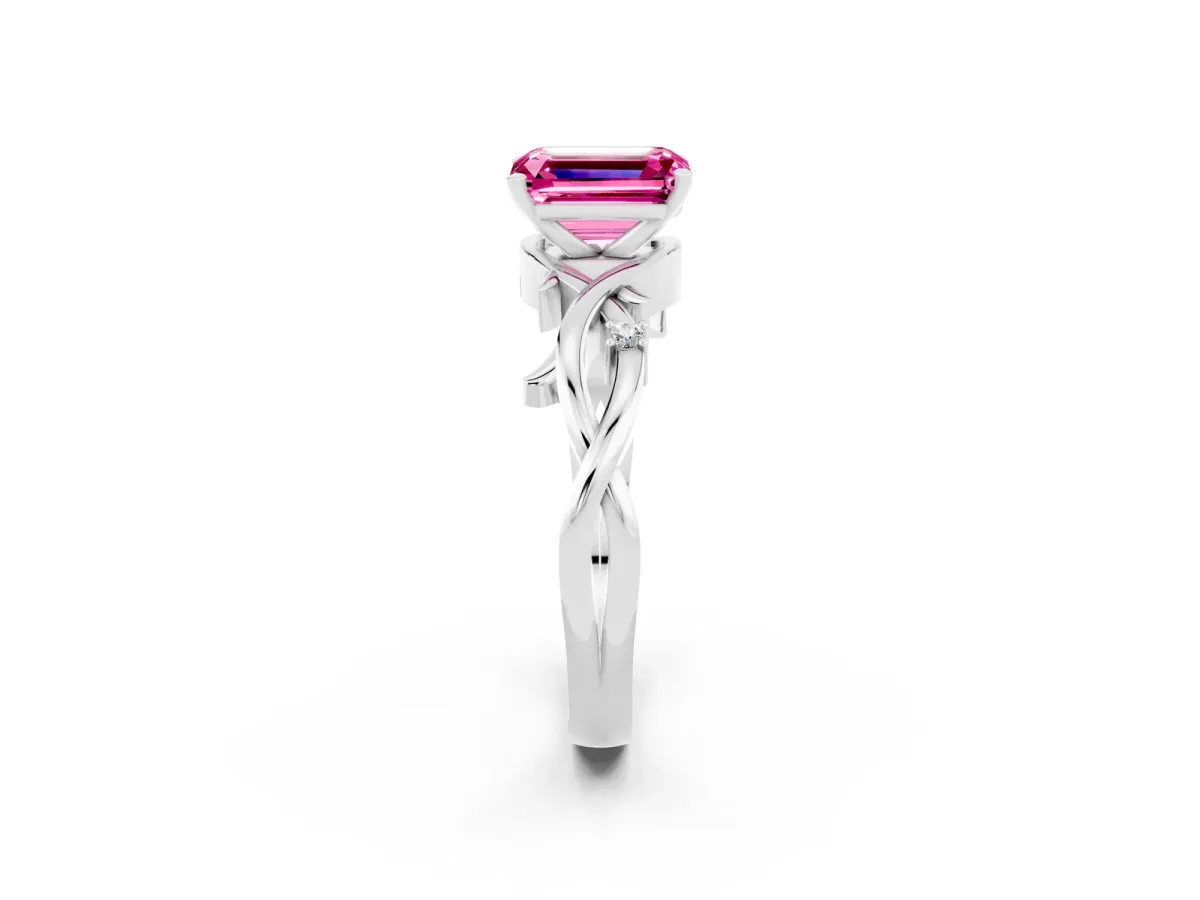 Emerald Cut Pink Sapphire Solitaire Ring with Twisted Band and Prong Setting Silver