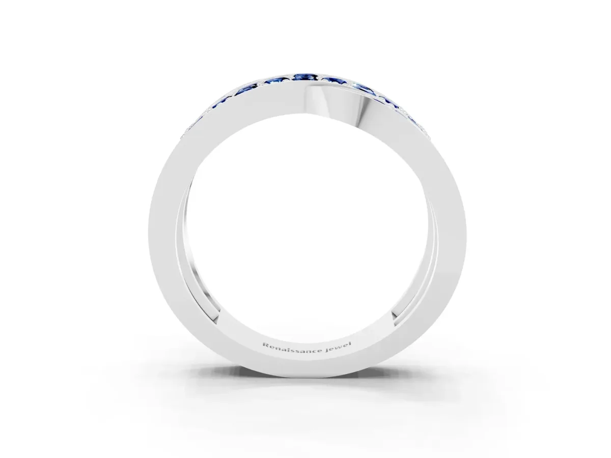 Pavé Round Blue Sapphire Crossover Band with Bead Prong Setting White gold
