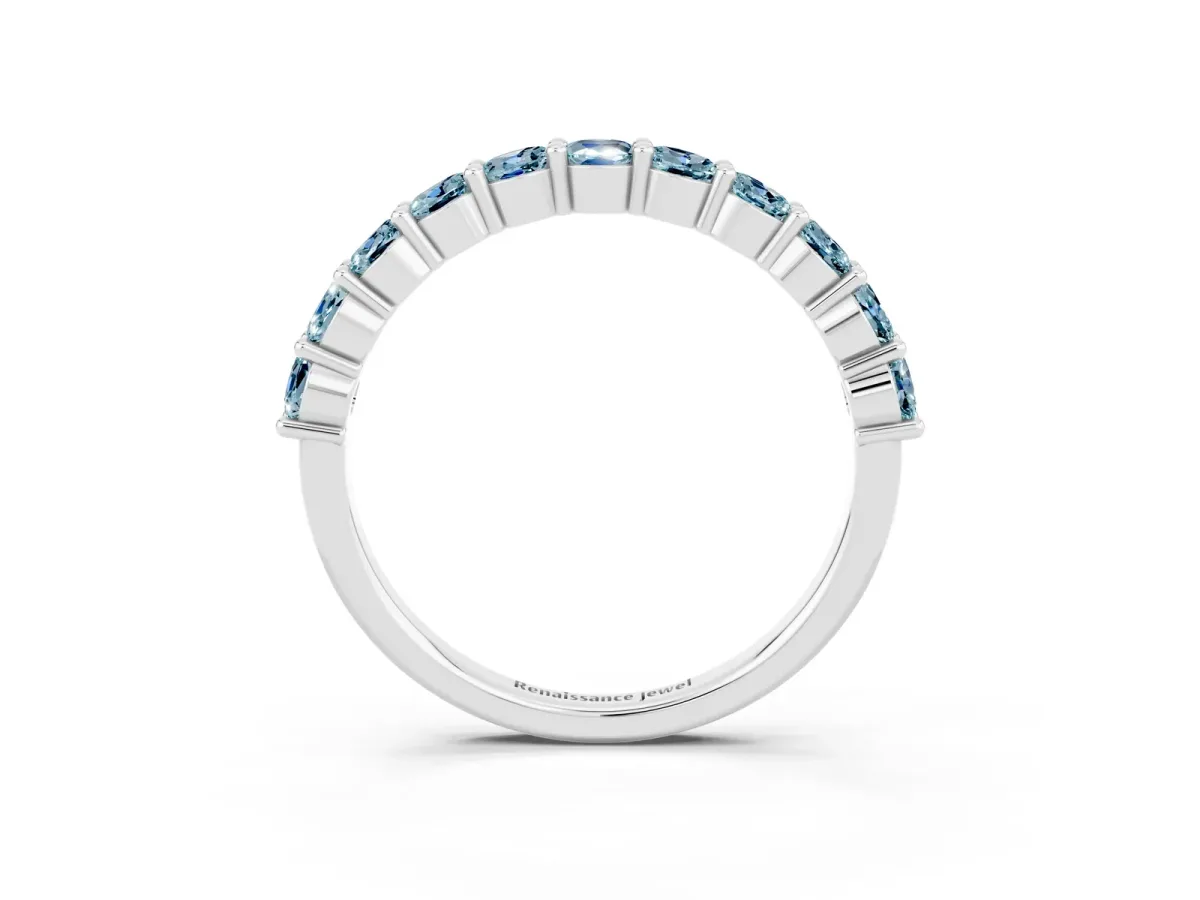 Round Aquamarine Half Eternity Band with Prong Setting Platinum