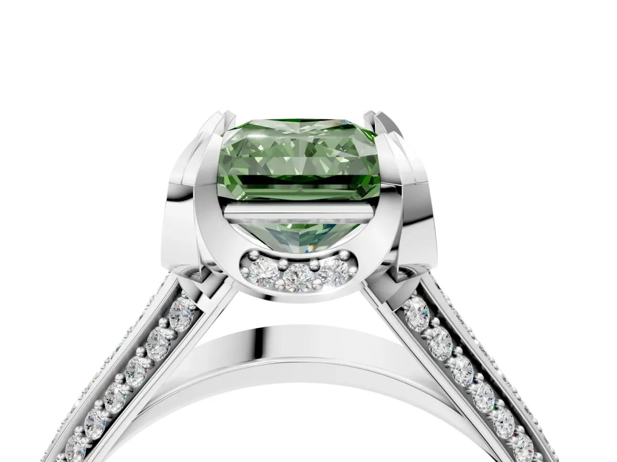 Fancy Green Radiant Cut Solitaire Pave Split Shank Ring with Four-Prong Setting Platinum