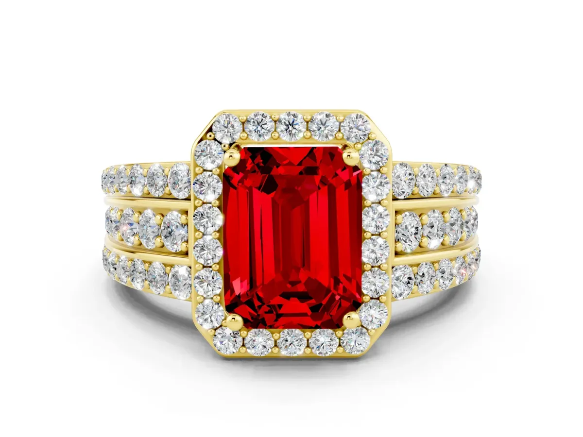 Emerald Cut Halo Ruby Ring with Round Split Shank and Prong Setting Yellow gold