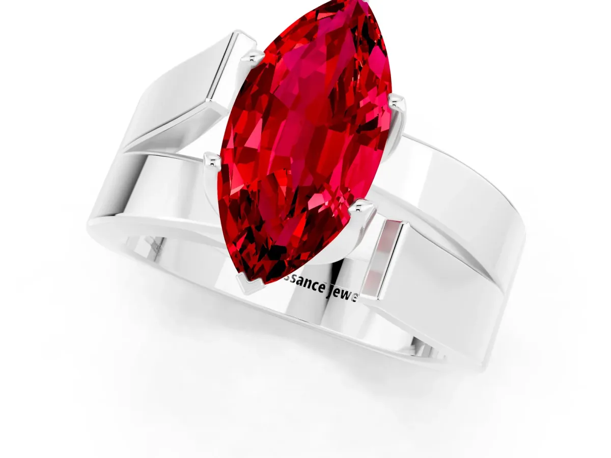 Modern Tension Set Marquise Cut Ruby Solitaire Wide Band Ring Platinum