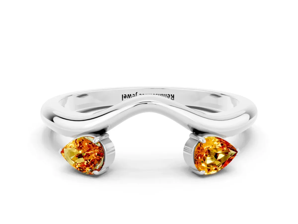 Pear Cut Citrine Two-Stone Open Band Ring with Prong Setting Platinum